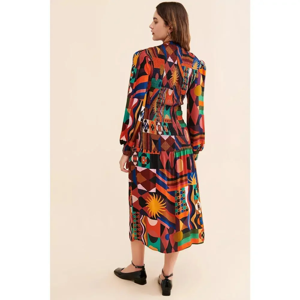 FARM Rio Tropical Shapes Smocked Midi Dress Multi Color Medium